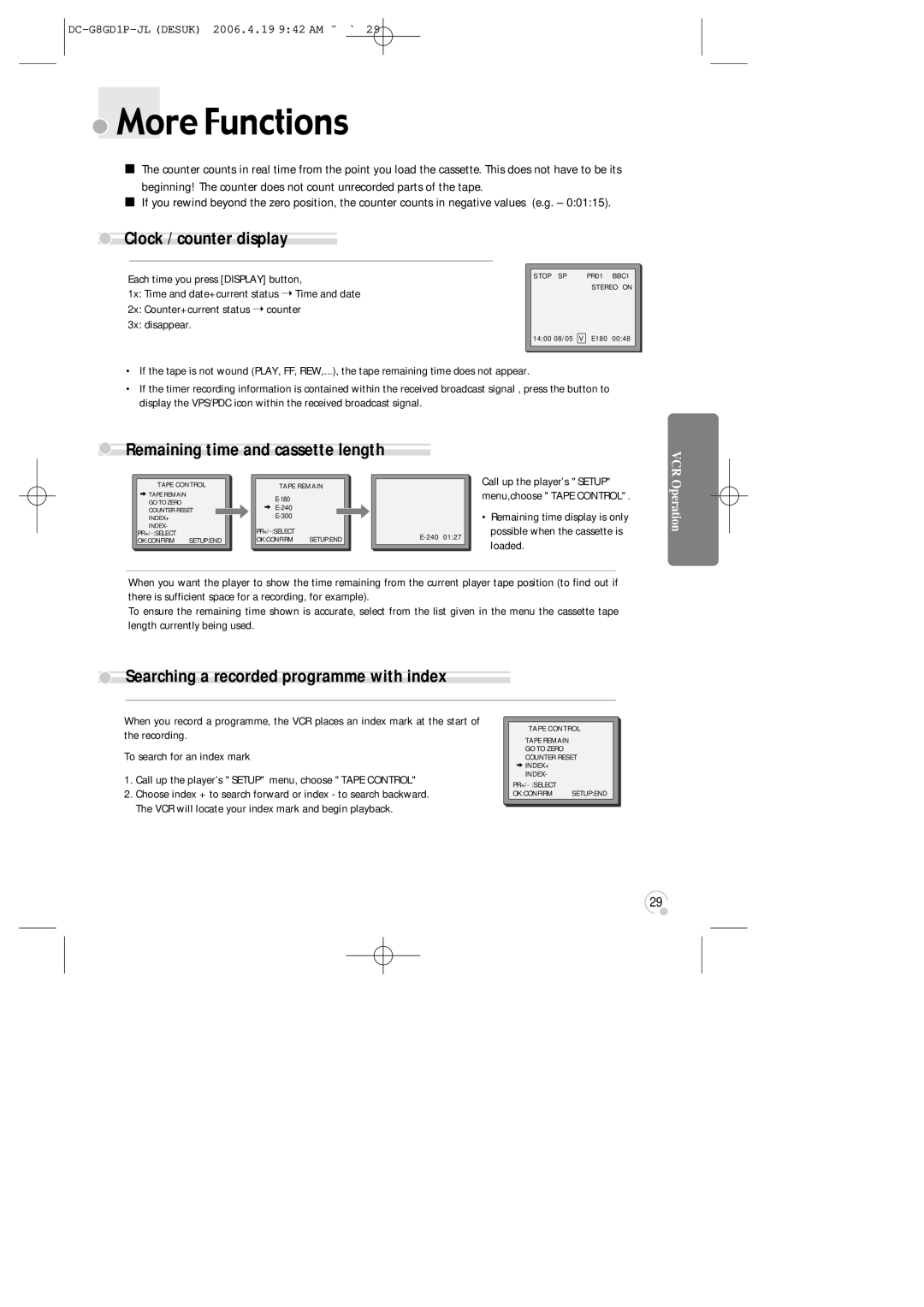 Daewoo SG-9210P instruction manual More Functions, Clock / counter display, Remaining time and cassette length 