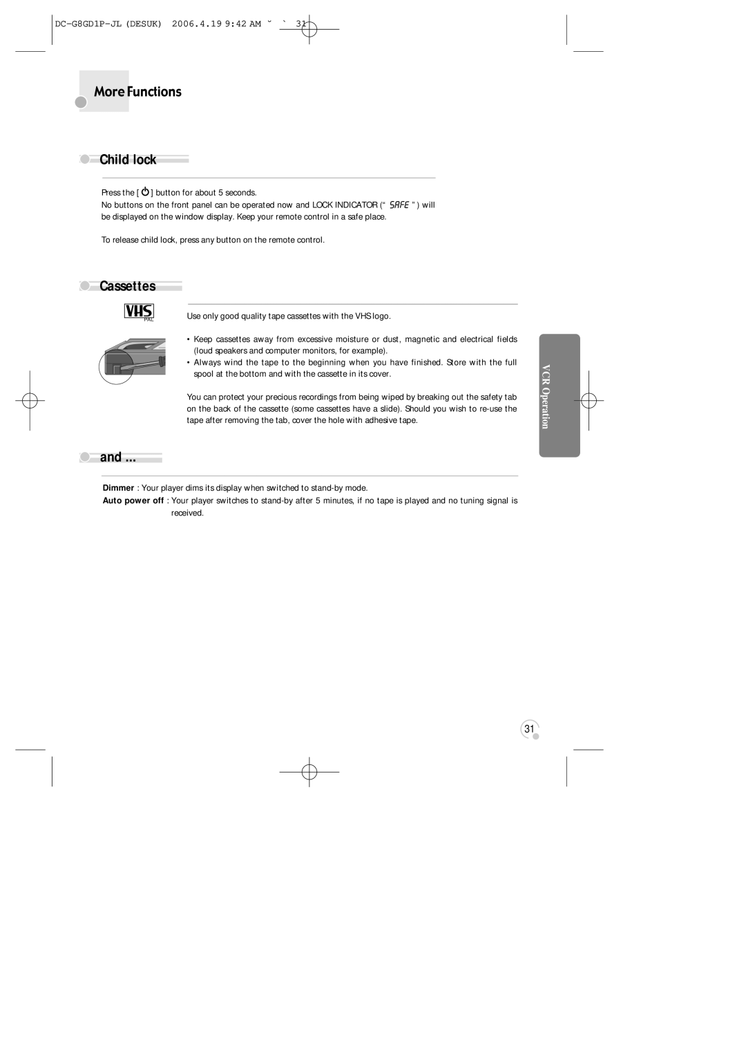 Daewoo SG-9210P instruction manual Child lock, Cassettes, Press the button for about 5 seconds 