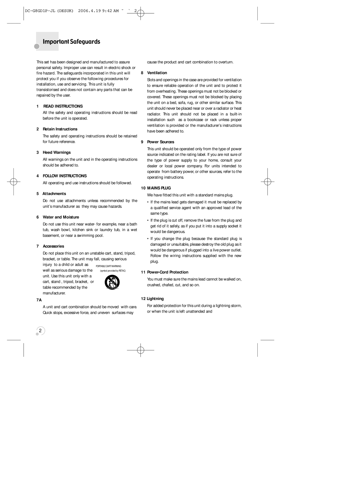 Daewoo SG-9210P instruction manual Important Safeguards 