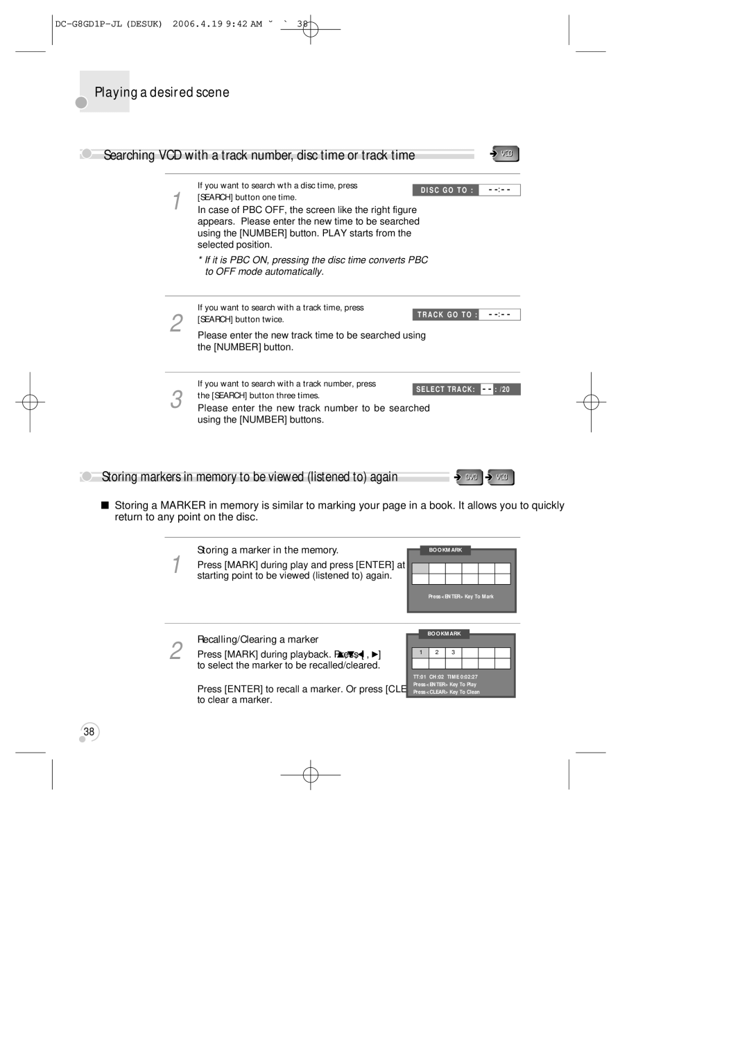 Daewoo SG-9210P instruction manual Searching VCD with a track number, disc time or track time 