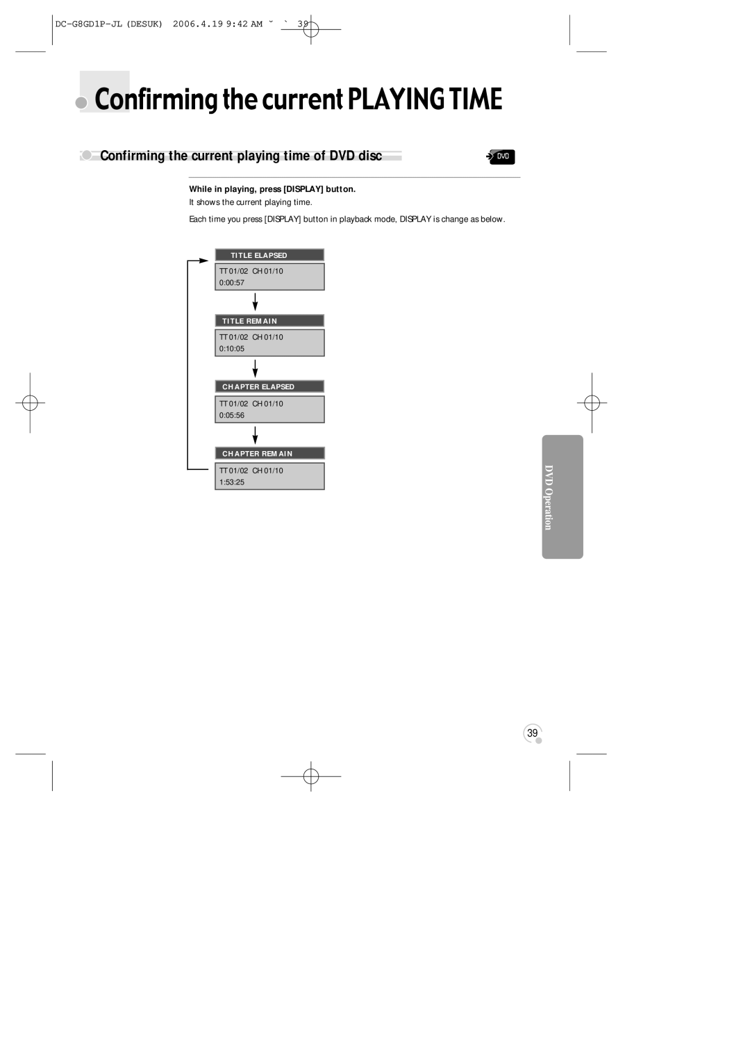 Daewoo SG-9210P instruction manual Confirming the current Playing Time, Confirming the current playing time of DVD disc 