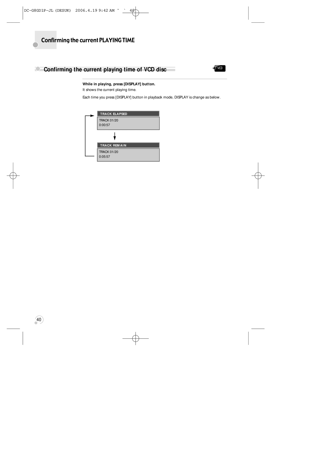 Daewoo SG-9210P instruction manual Confirming the current playing time of VCD disc 