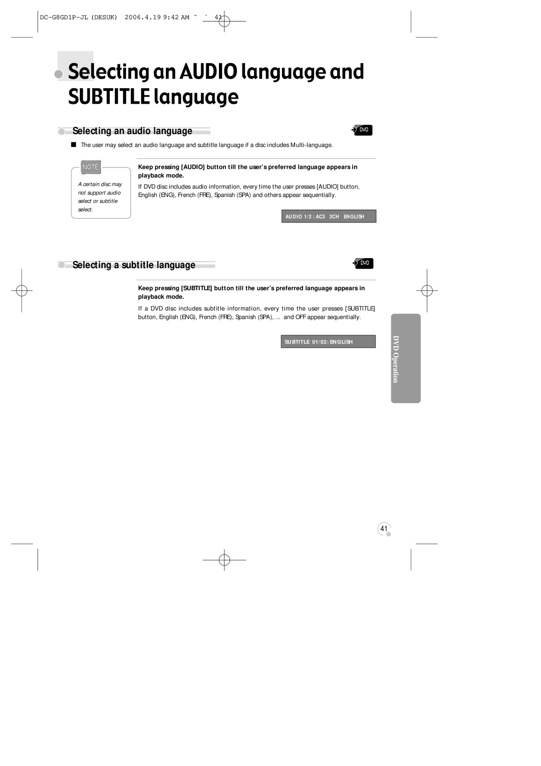 Daewoo SG-9210P instruction manual Selecting an Audio language and Subtitle language, Selecting an audio language 