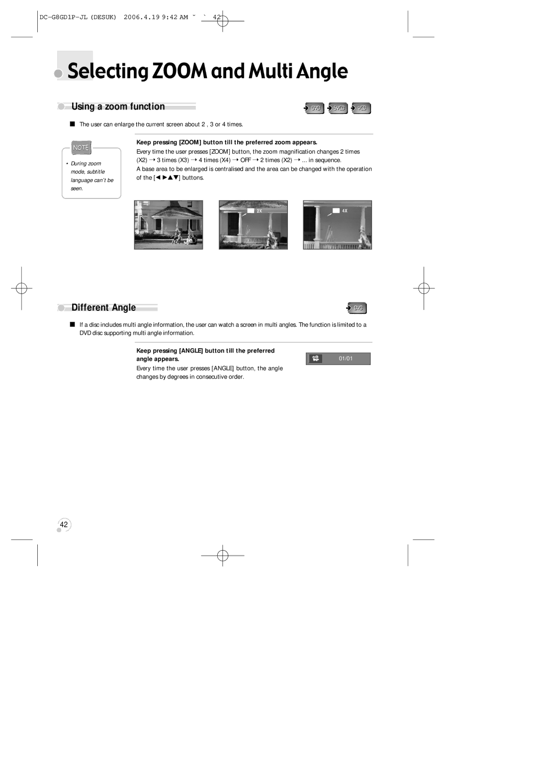 Daewoo SG-9210P instruction manual Selecting Zoom and Multi Angle, Using a zoom function, Different Angle 