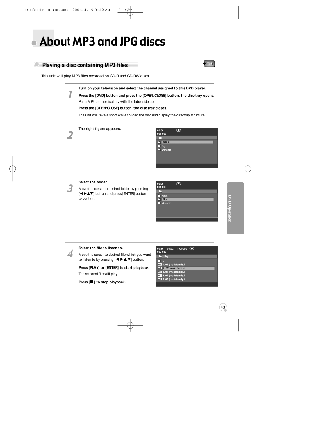 Daewoo SG-9210P About MP3 and JPG discs, Playing a disc containing MP3 files, Right figure appears, Select the folder 