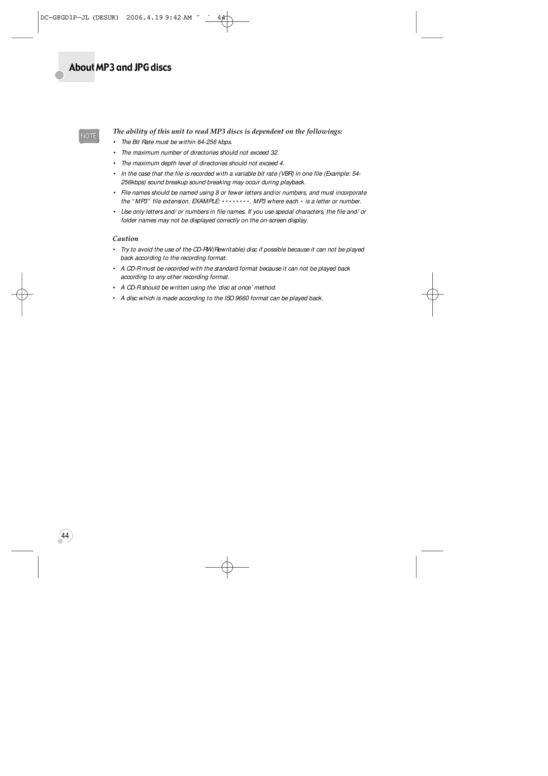 Daewoo SG-9210P instruction manual About MP3 and JPG discs 