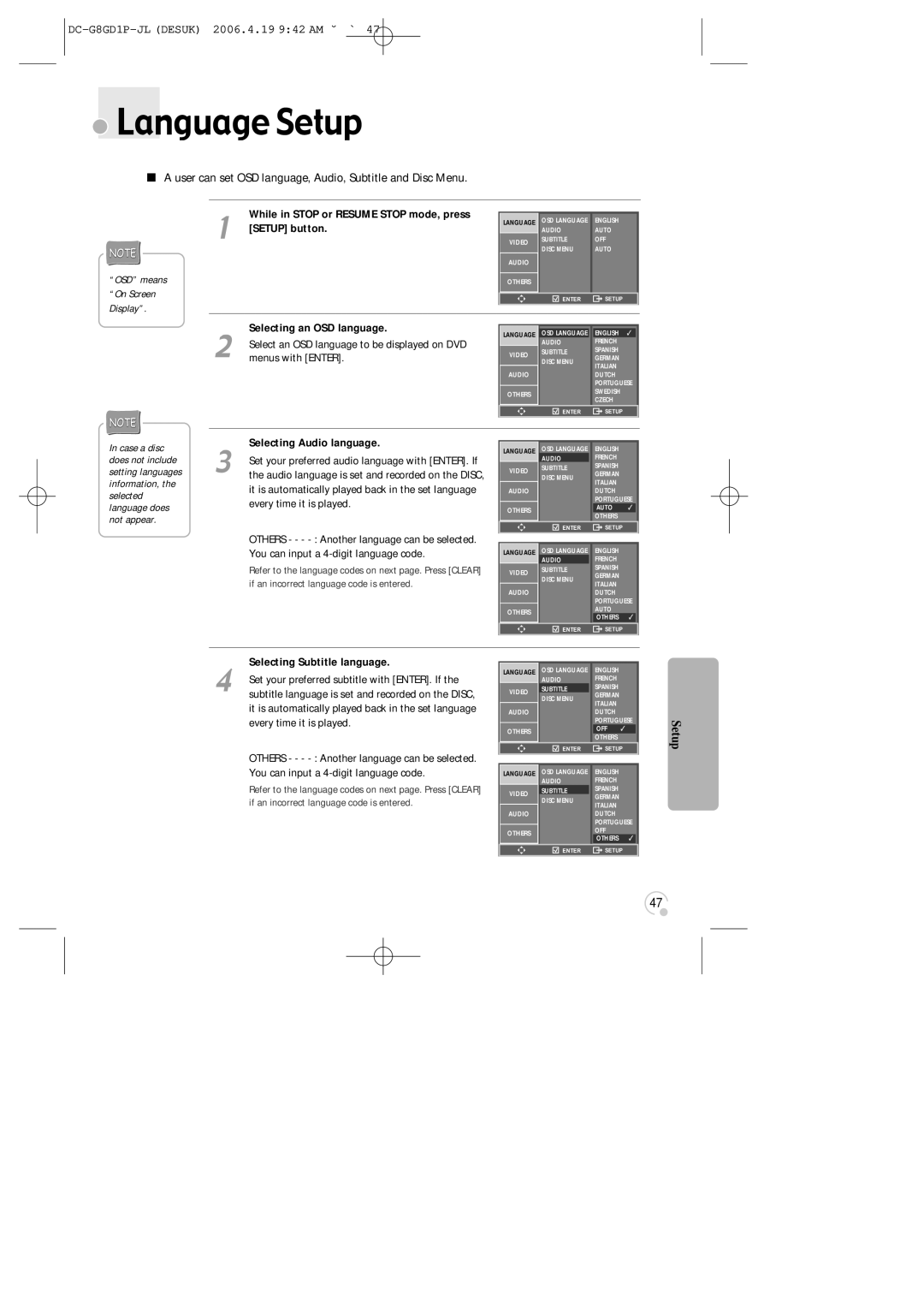 Daewoo SG-9210P instruction manual Language Setup, Selecting Audio language, Selecting Subtitle language 