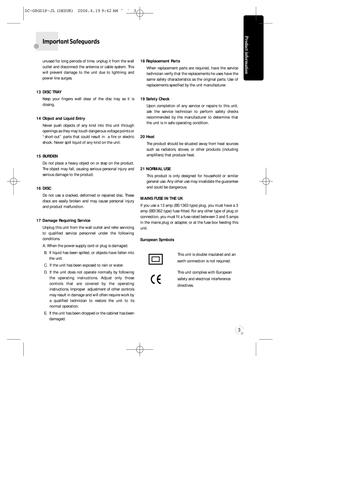 Daewoo SG-9210P instruction manual Disc Tray, If the unit has been exposed to rain or water 