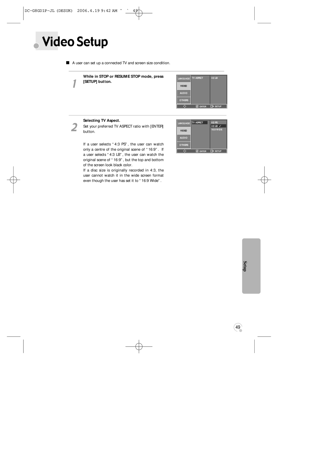 Daewoo SG-9210P Video Setup, User can set up a connected TV and screen size condition, Selecting TV Aspect 