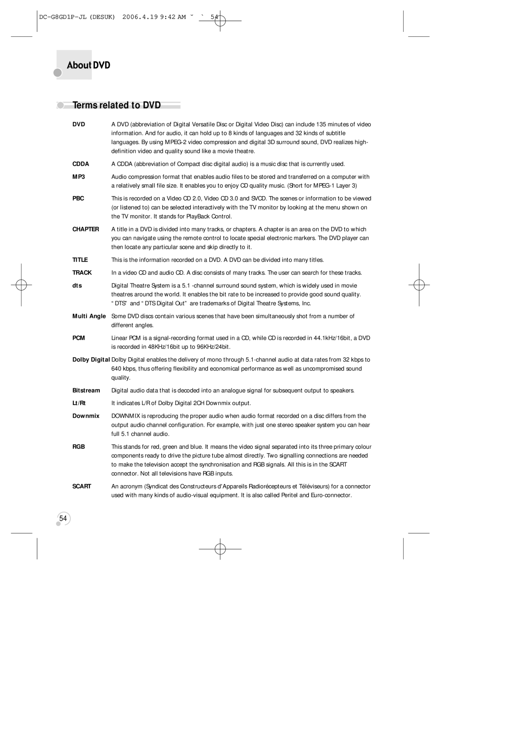 Daewoo SG-9210P instruction manual Terms related to DVD, Dts, Bitstream, Lt/Rt, Downmix 