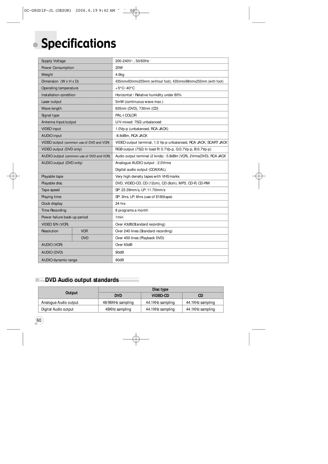 Daewoo SG-9210P instruction manual Specifications, DVD Audio output standards 