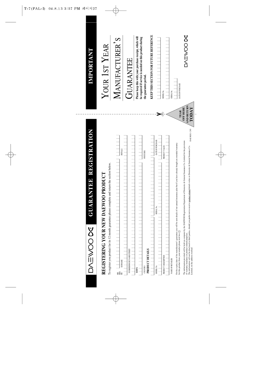 Daewoo SG-9210P instruction manual Your 1ST Year MANUFACTURER’S Guarantee 