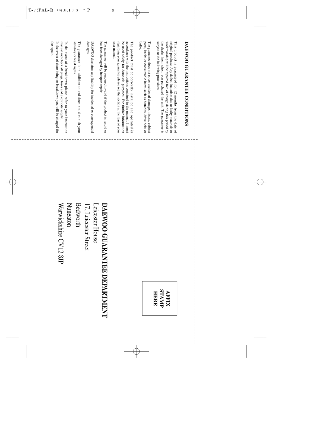 Daewoo SG-9210P instruction manual Daewoo Guarantee Department 