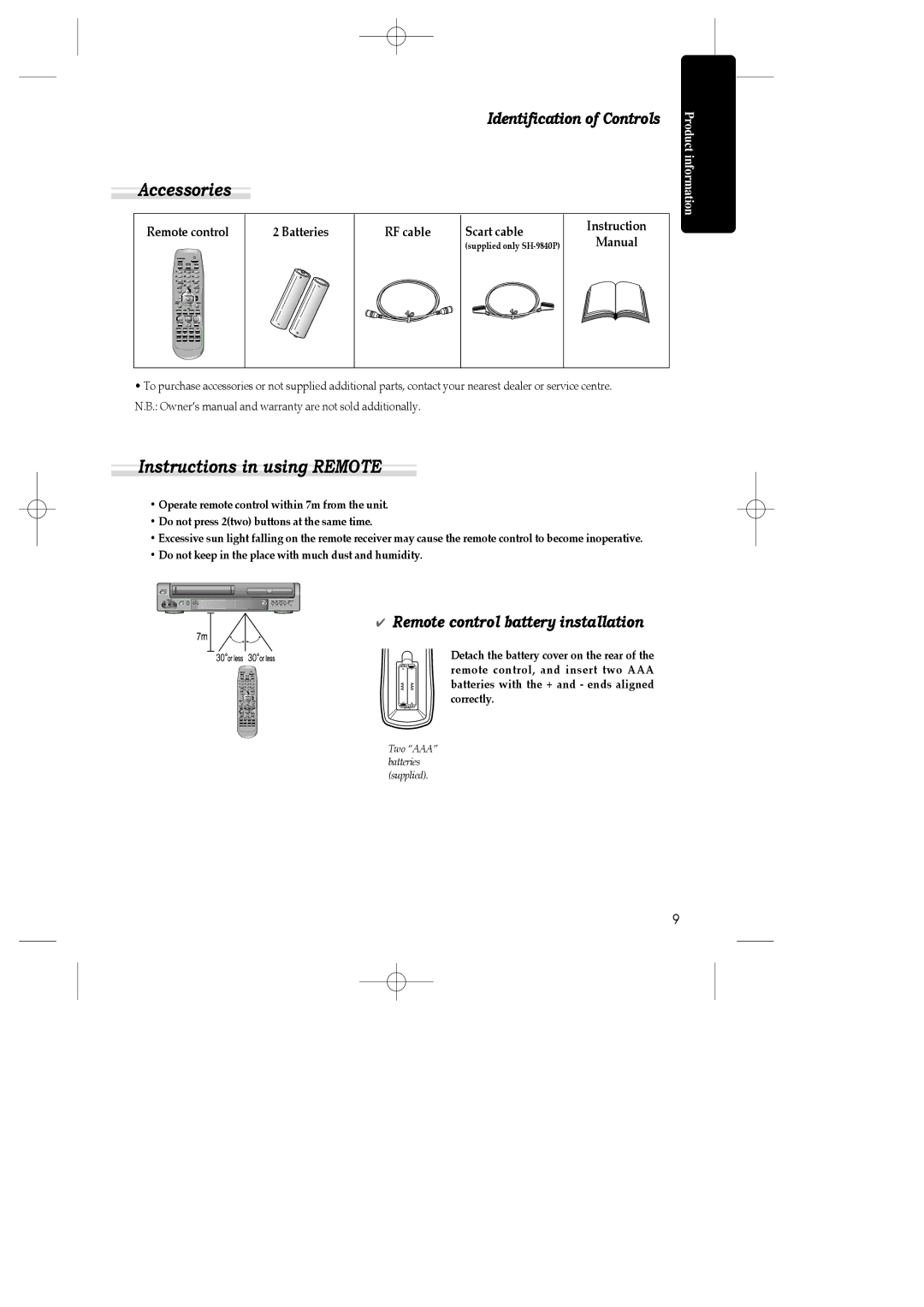 Daewoo SH-9810P, SH-3510P, SH-9840P instruction manual Accessories, Instructions in using Remote, Manual 