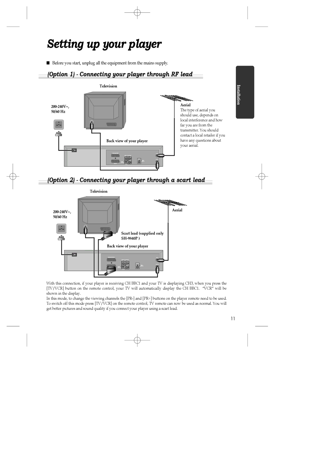 Daewoo SH-9840P, SH-3510P, SH-9810P Setting up your player, Option 1 Connecting your player through RF lead 