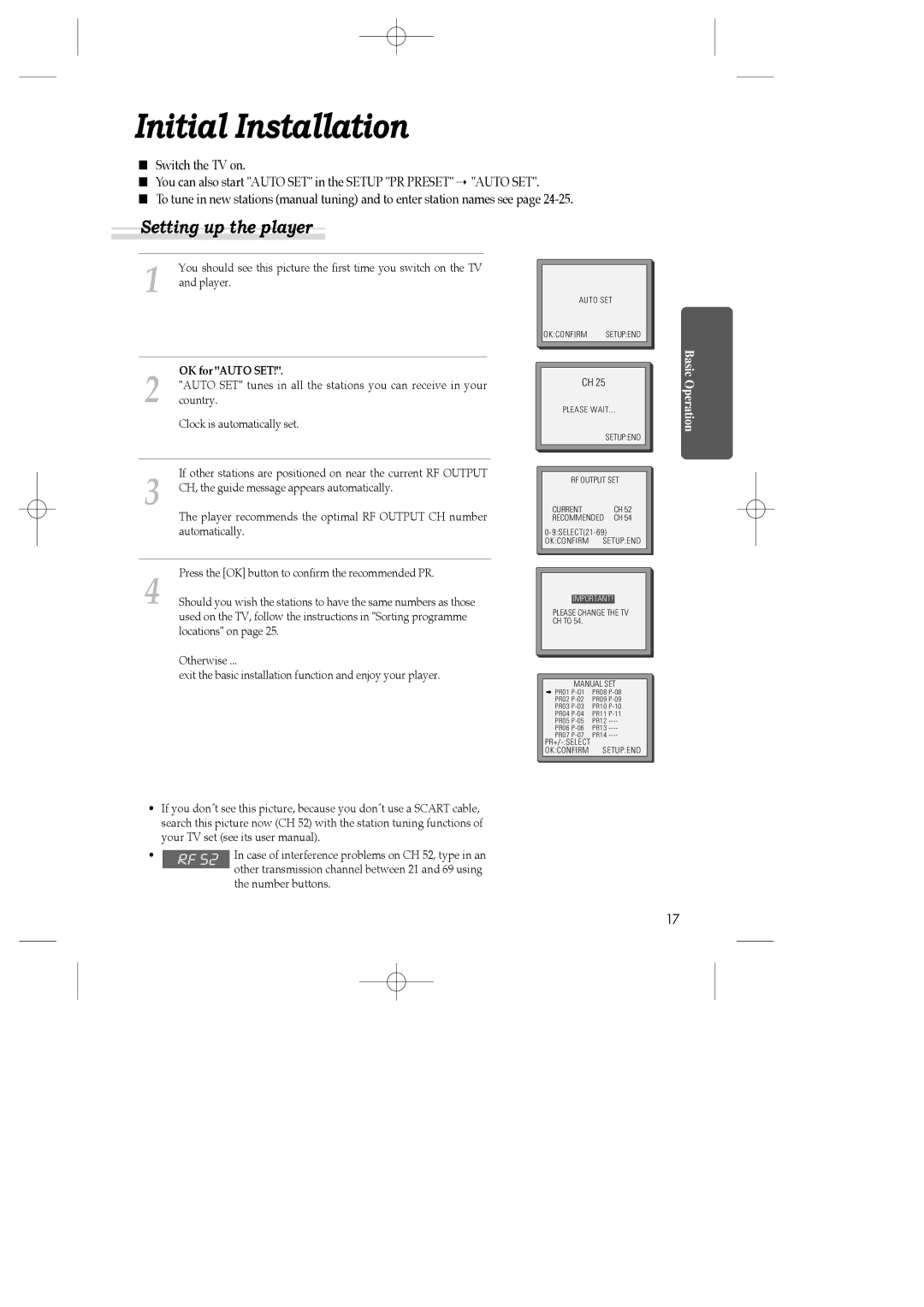 Daewoo SH-9840P, SH-3510P, SH-9810P instruction manual Initial Installation, Setting up the player, OK for Auto SET 