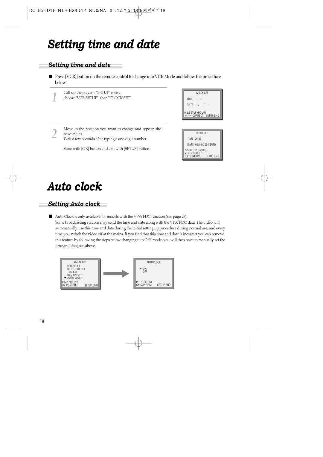 Daewoo SH-9810P, SH-3510P, SH-9840P instruction manual Setting time and date, Setting Auto clock 