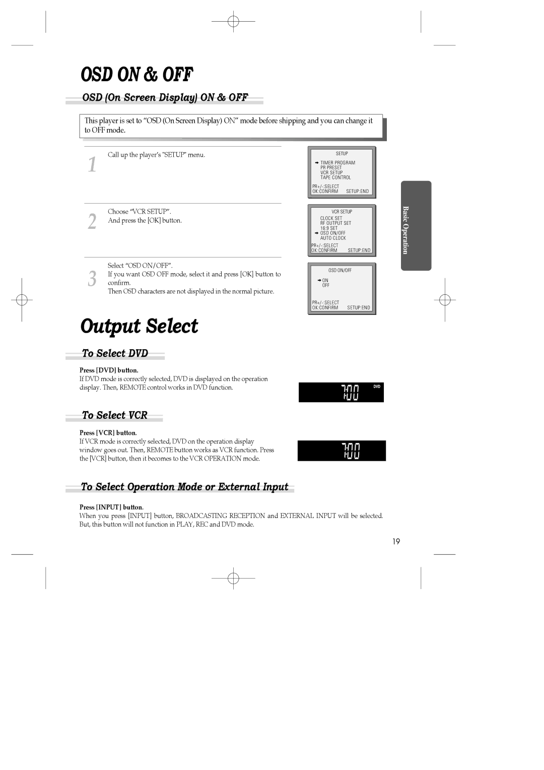 Daewoo SH-3510P, SH-9840P, SH-9810P Output Select, OSD On Screen Display on & OFF, To Select DVD, To Select VCR 