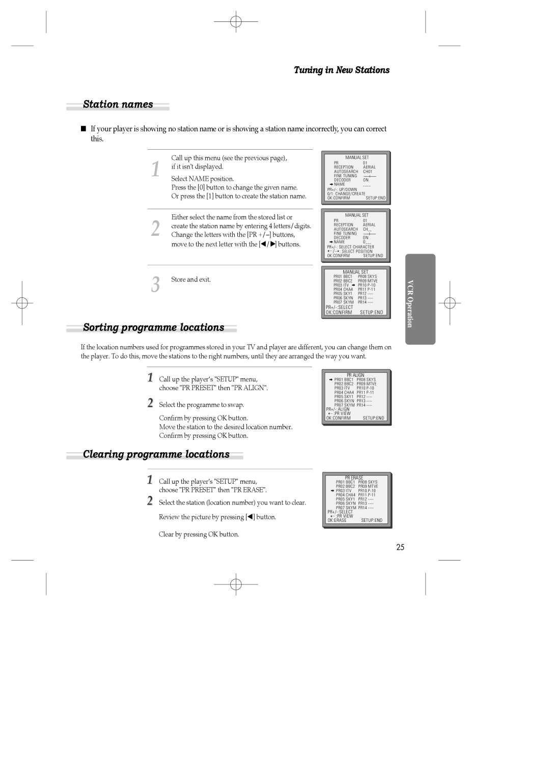 Daewoo SH-3510P, SH-9840P, SH-9810P Station names, Sorting programme locations, Clearing programme locations 