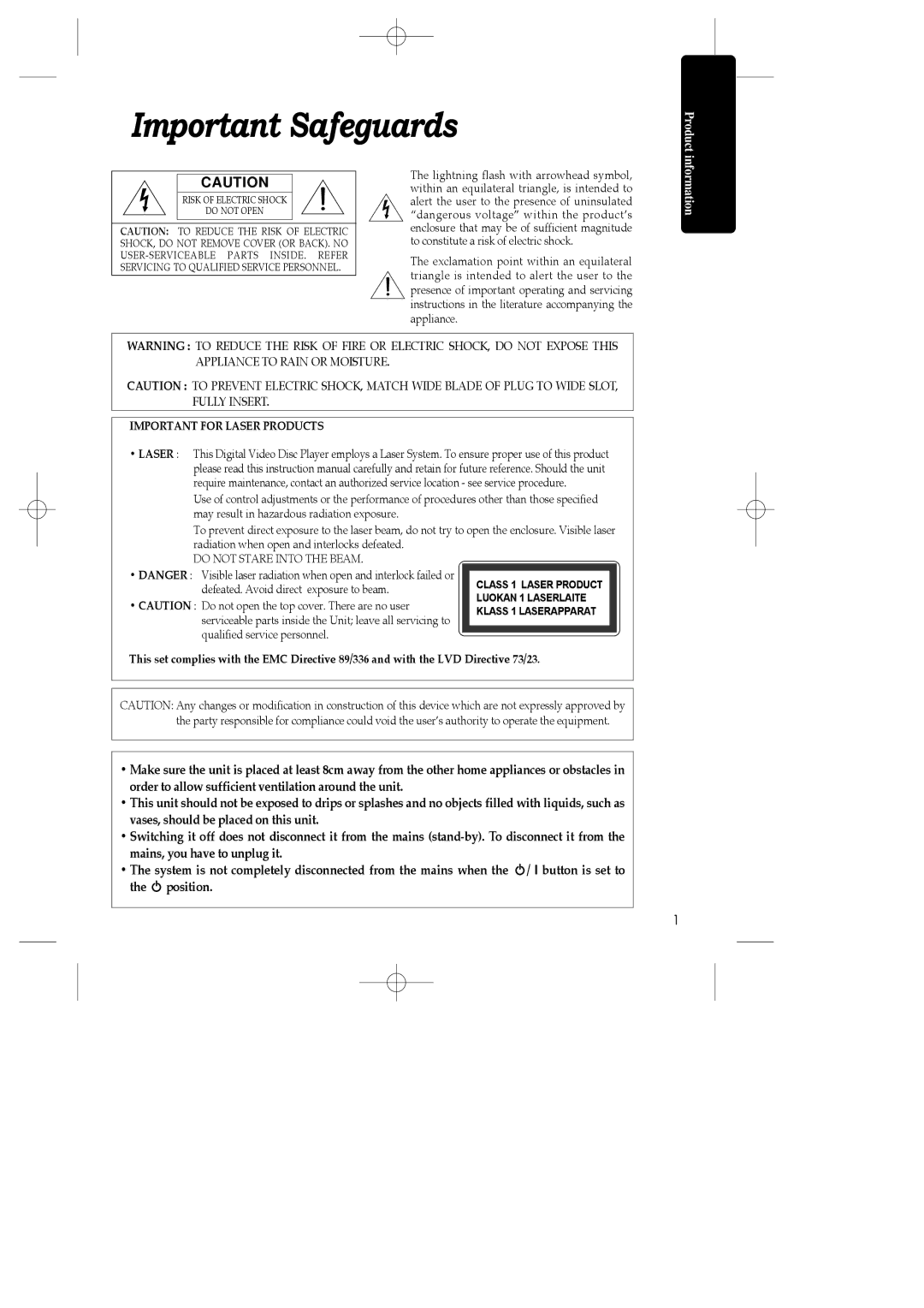 Daewoo SH-3510P, SH-9840P, SH-9810P instruction manual Important Safeguards, Important for Laser Products 