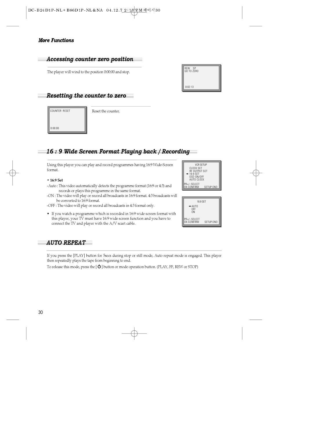 Daewoo SH-9810P, SH-3510P, SH-9840P Accessing counter zero position, Resetting the counter to zero, 169 Set 