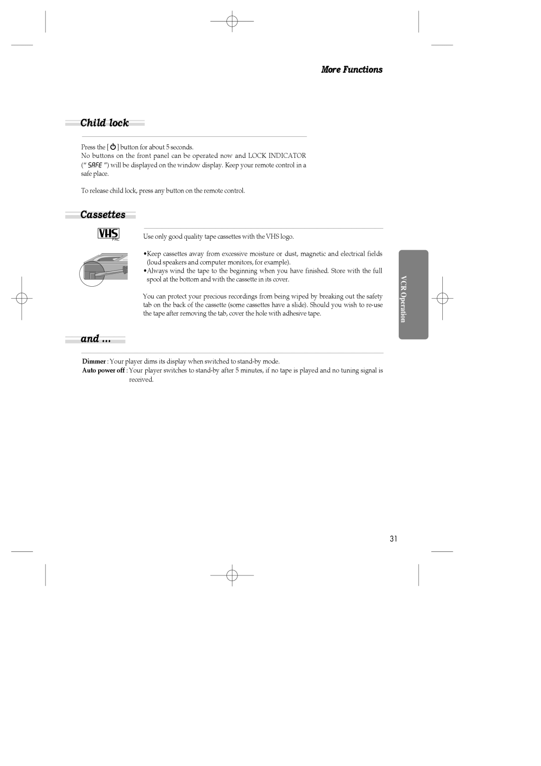 Daewoo SH-3510P, SH-9840P, SH-9810P instruction manual Child lock, Cassettes 