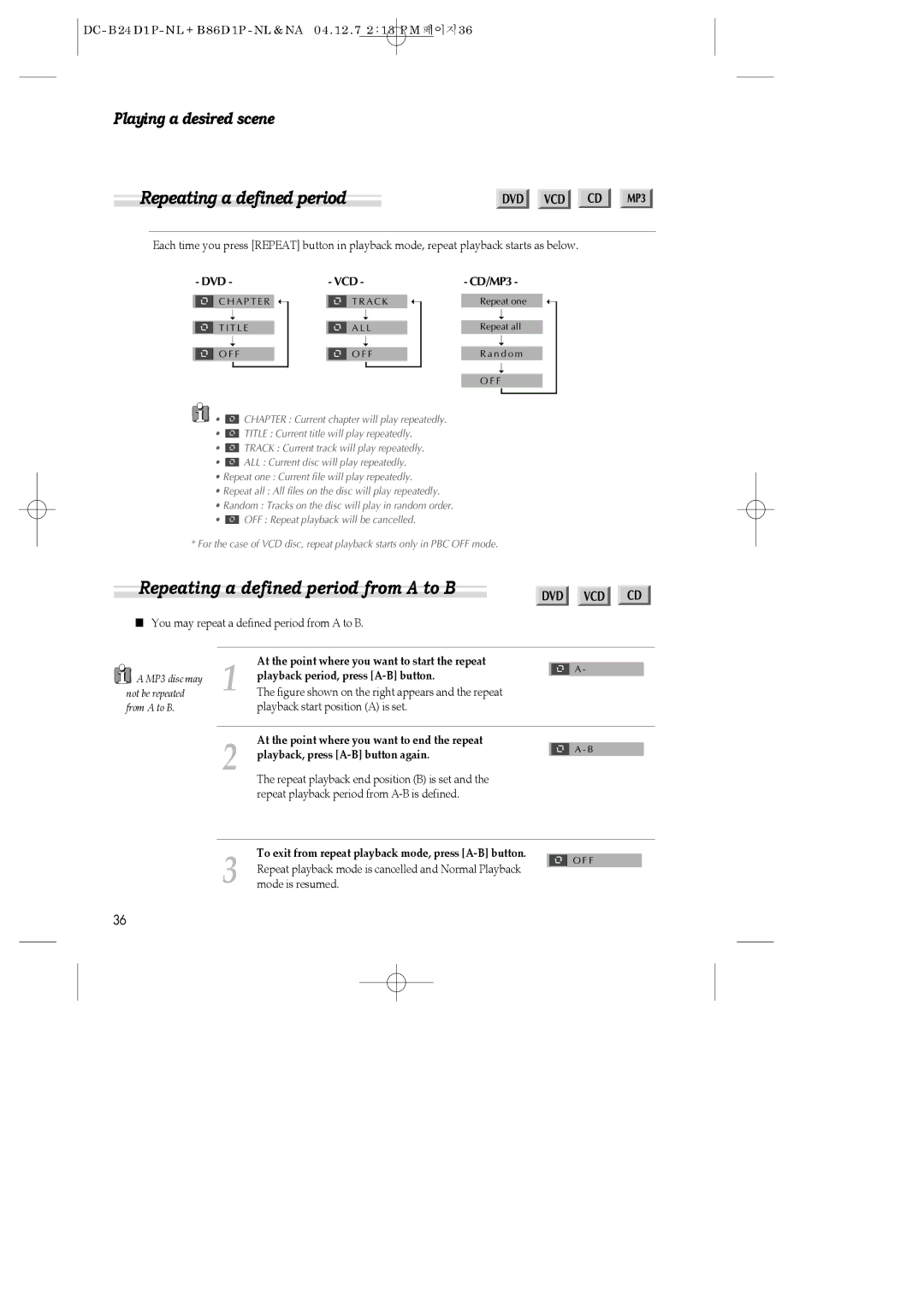 Daewoo SH-9810P, SH-3510P, SH-9840P instruction manual Repeating a defined period from a to B 