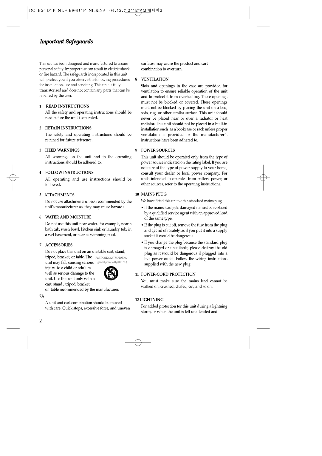 Daewoo SH-9840P, SH-3510P, SH-9810P instruction manual Important Safeguards 