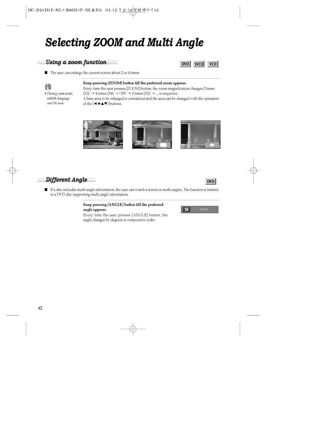 Daewoo SH-9810P, SH-3510P, SH-9840P instruction manual Selecting Zoom and Multi Angle, Using a zoom function, Different Angle 