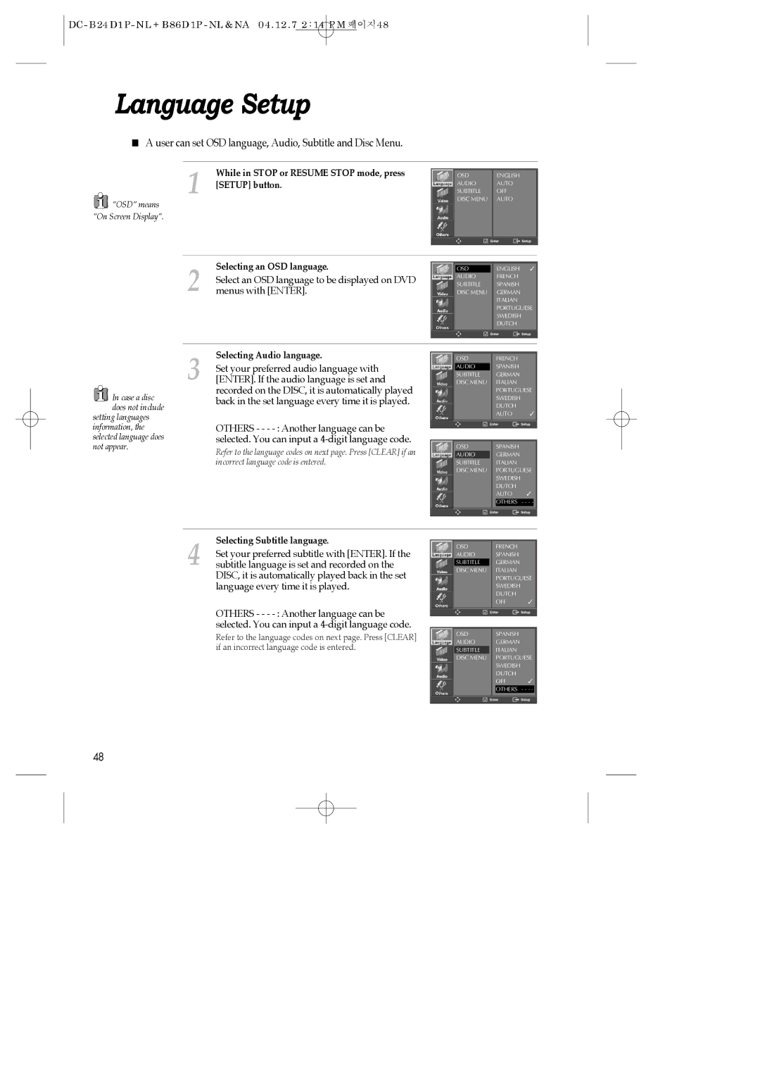 Daewoo SH-9810P, SH-3510P, SH-9840P instruction manual Language Setup, Selecting Audio language, Selecting Subtitle language 