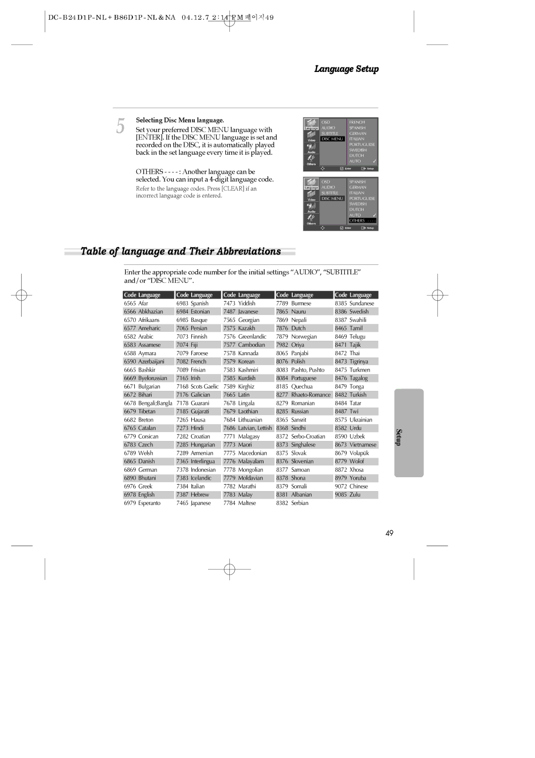 Daewoo SH-3510P, SH-9840P, SH-9810P Table of language and Their Abbreviations, Selecting Disc Menu language, Setup 