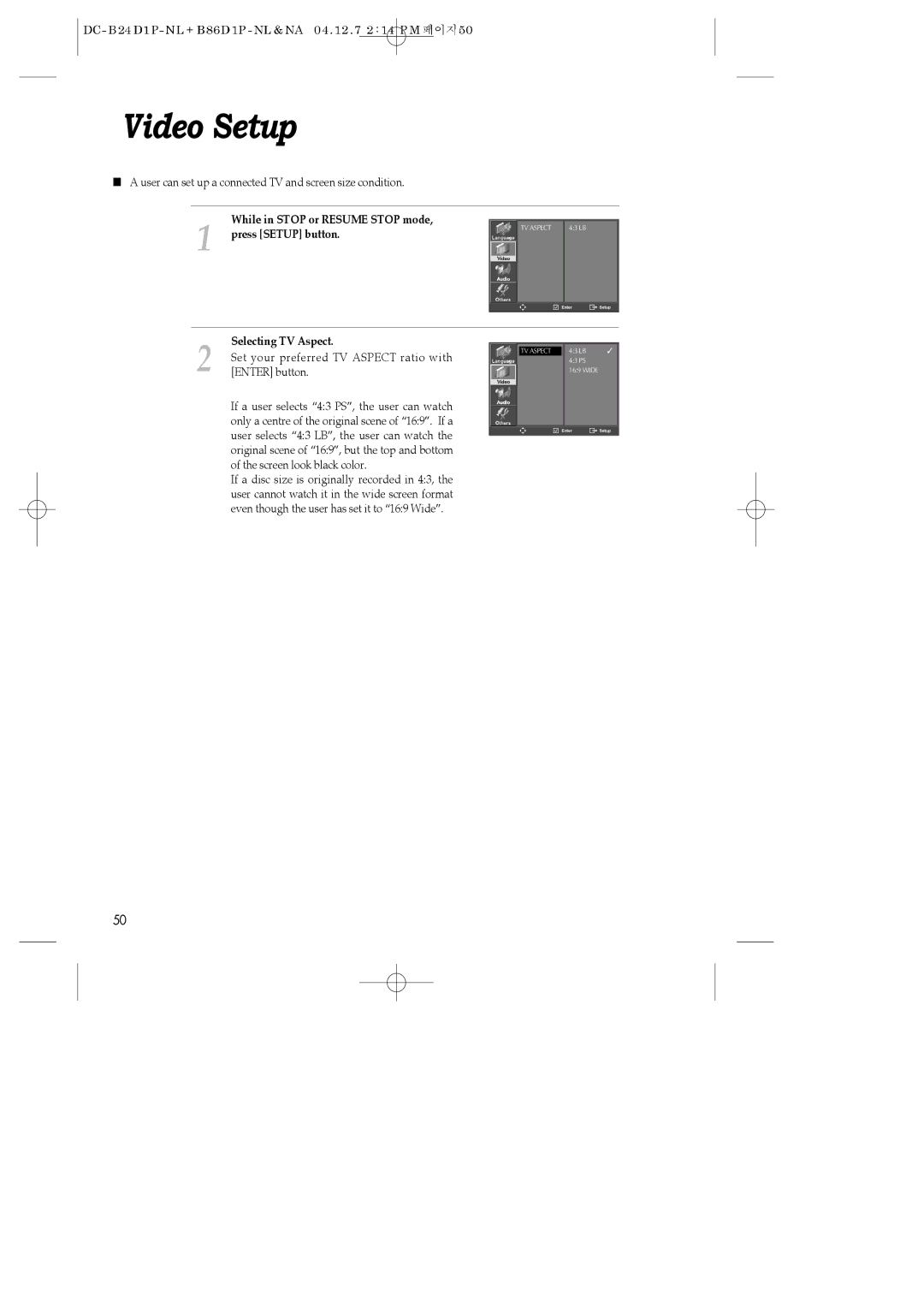 Daewoo SH-9840P, SH-3510P, SH-9810P instruction manual Video Setup, Press Setup button, Selecting TV Aspect 