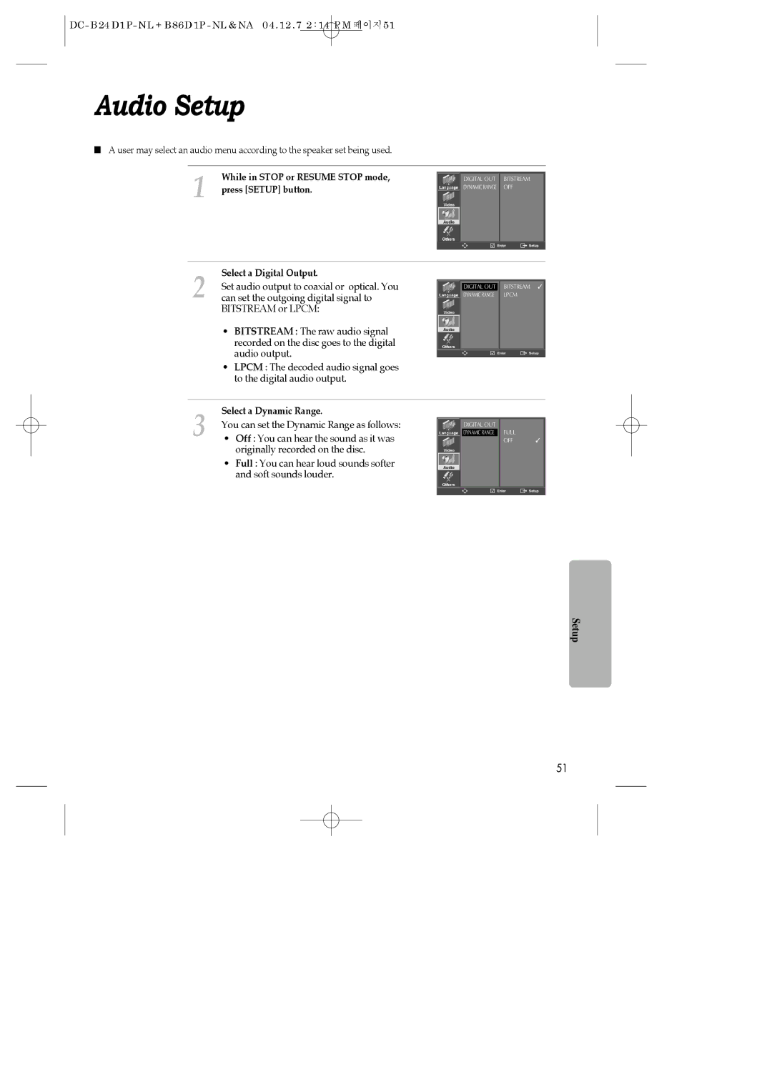 Daewoo SH-9810P, SH-3510P, SH-9840P instruction manual Audio Setup, Select a Digital Output, Select a Dynamic Range 