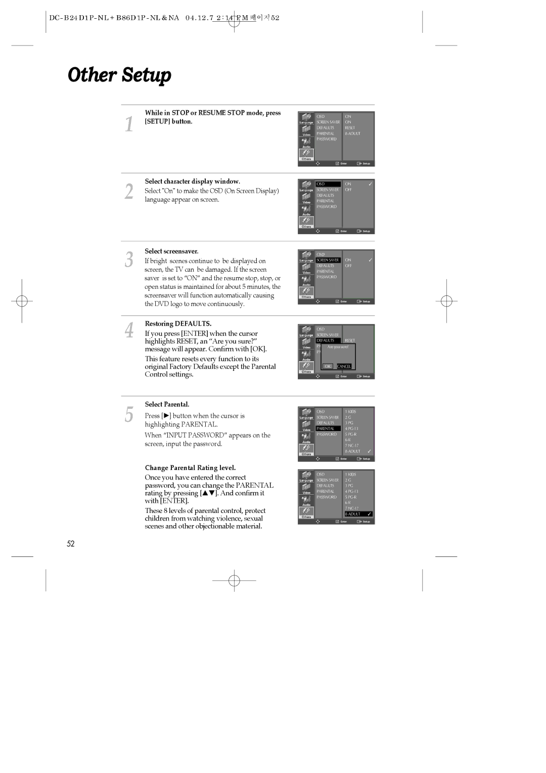 Daewoo SH-3510P, SH-9840P, SH-9810P instruction manual Other Setup 