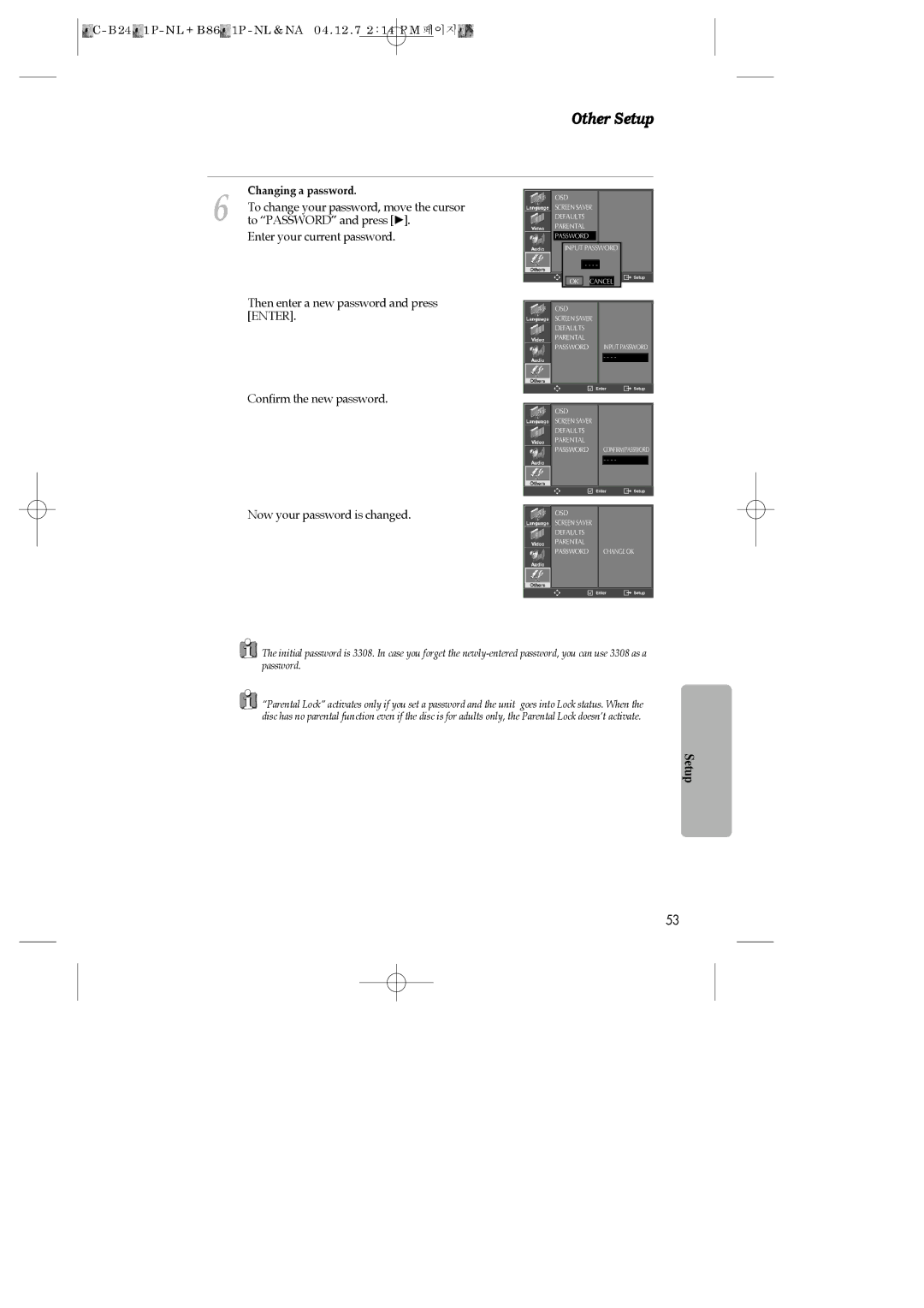 Daewoo SH-9840P, SH-3510P, SH-9810P instruction manual Other Setup, Changing a password 