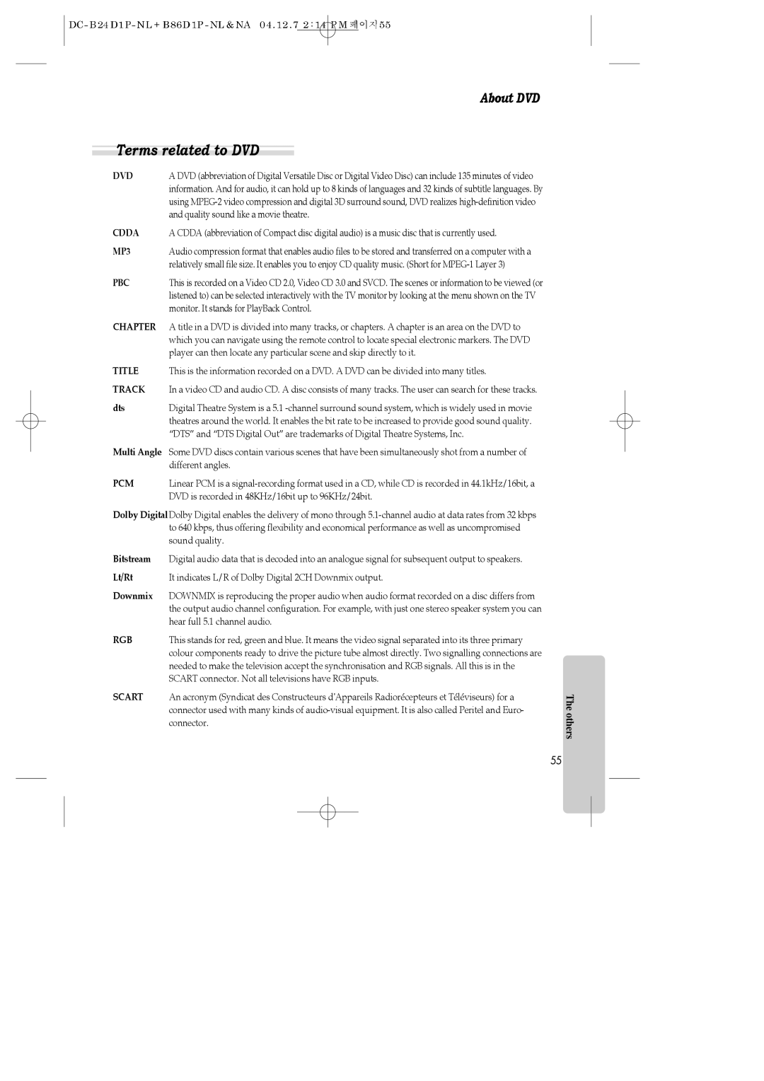 Daewoo SH-3510P, SH-9840P, SH-9810P instruction manual Terms related to DVD, Dts, Bitstream, Lt/Rt, Downmix 