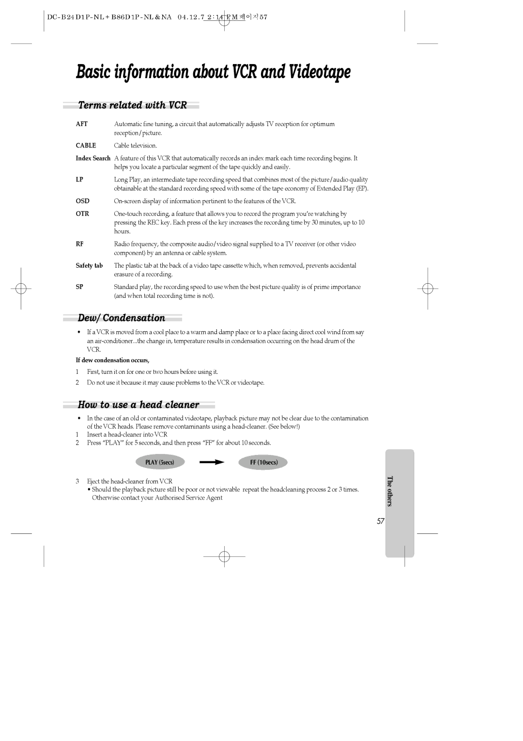 Daewoo SH-9810P, SH-3510P, SH-9840P instruction manual Terms related with VCR, Dew/ Condensation, How to use a head cleaner 