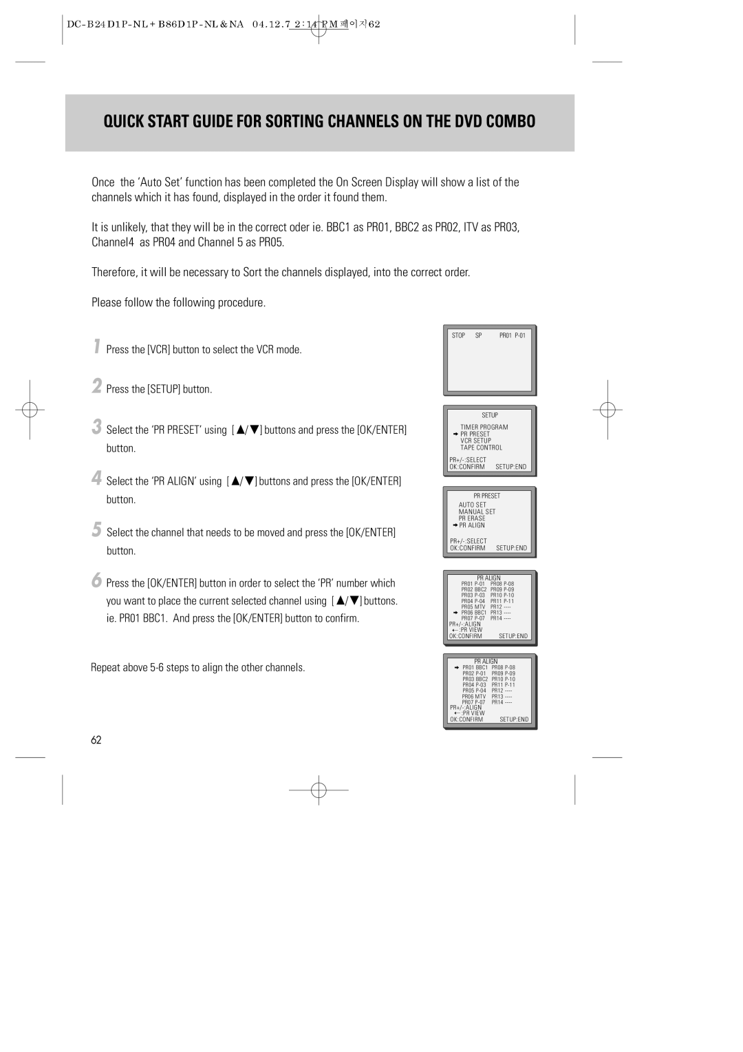 Daewoo SH-9840P, SH-3510P, SH-9810P instruction manual Quick Start Guide for Sorting Channels on the DVD Combo 