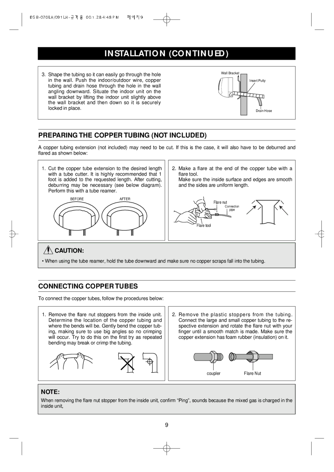 Daewoo DSB-071LH, Split Airconditioning System Preparing the Copper Tubing not Included, Connecting Copper Tubes 