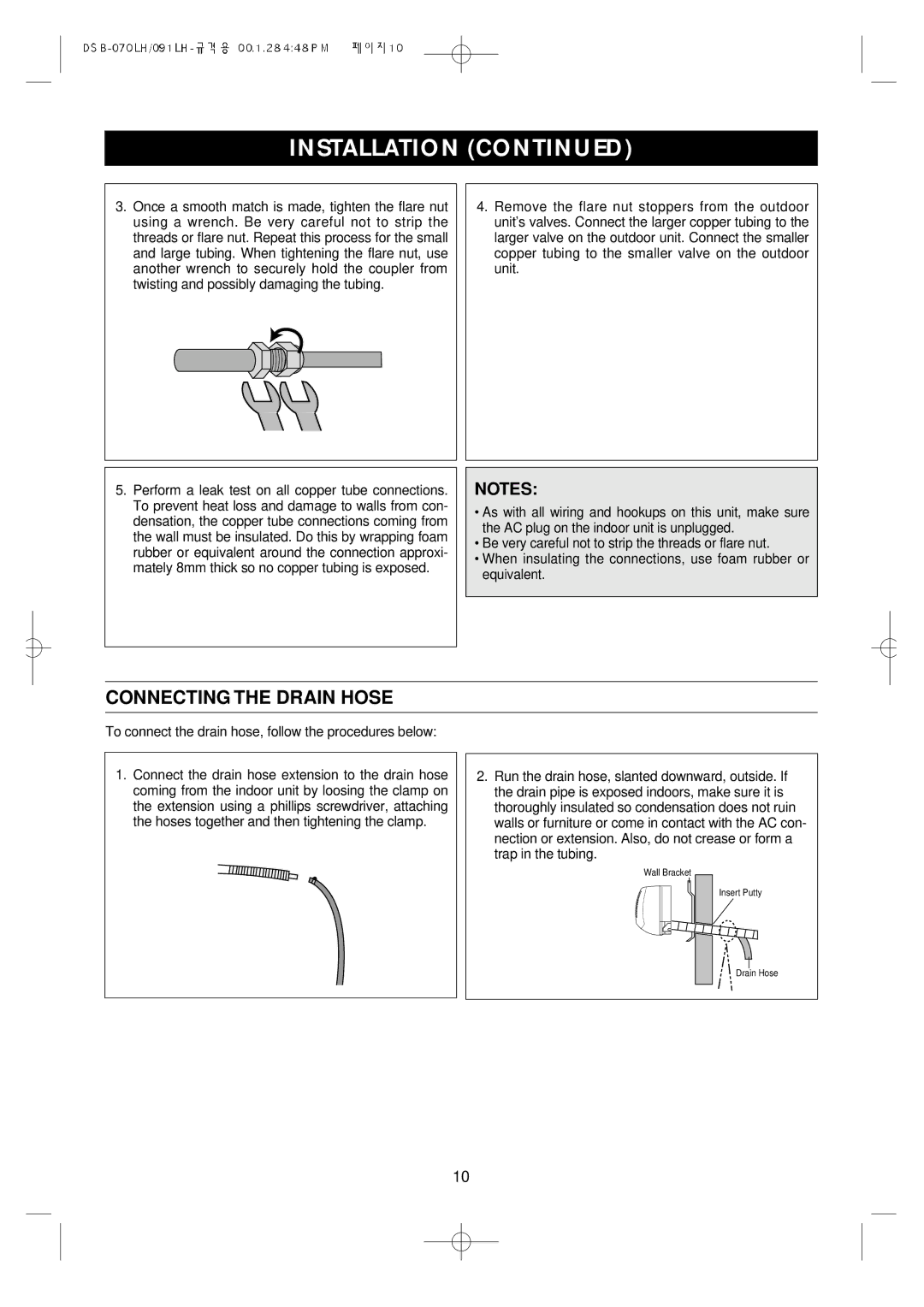 Daewoo Split Airconditioning System Connecting the Drain Hose, To connect the drain hose, follow the procedures below 