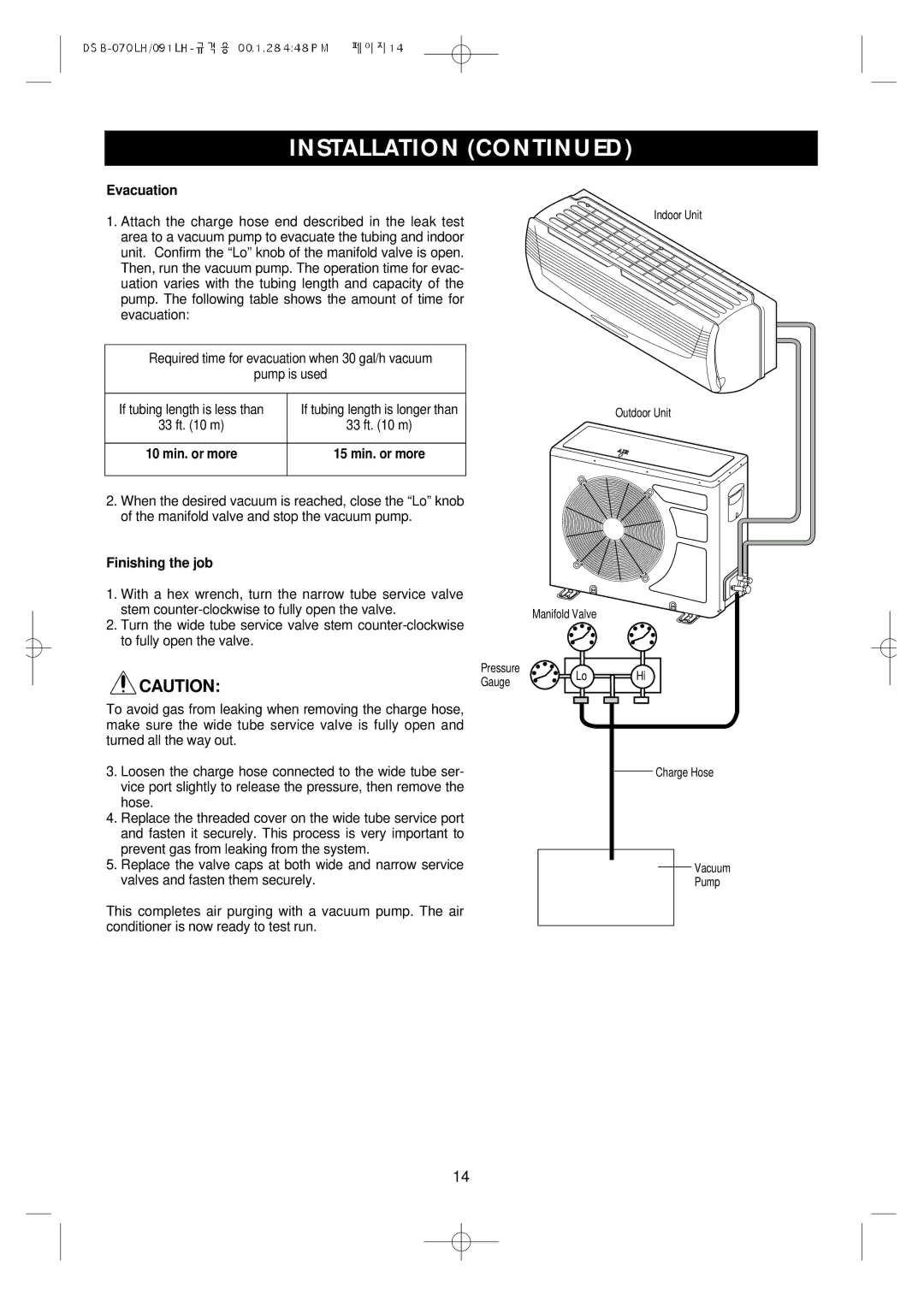 Daewoo Split Airconditioning System, DSB-071LH owner manual Evacuation, Finishing the job 