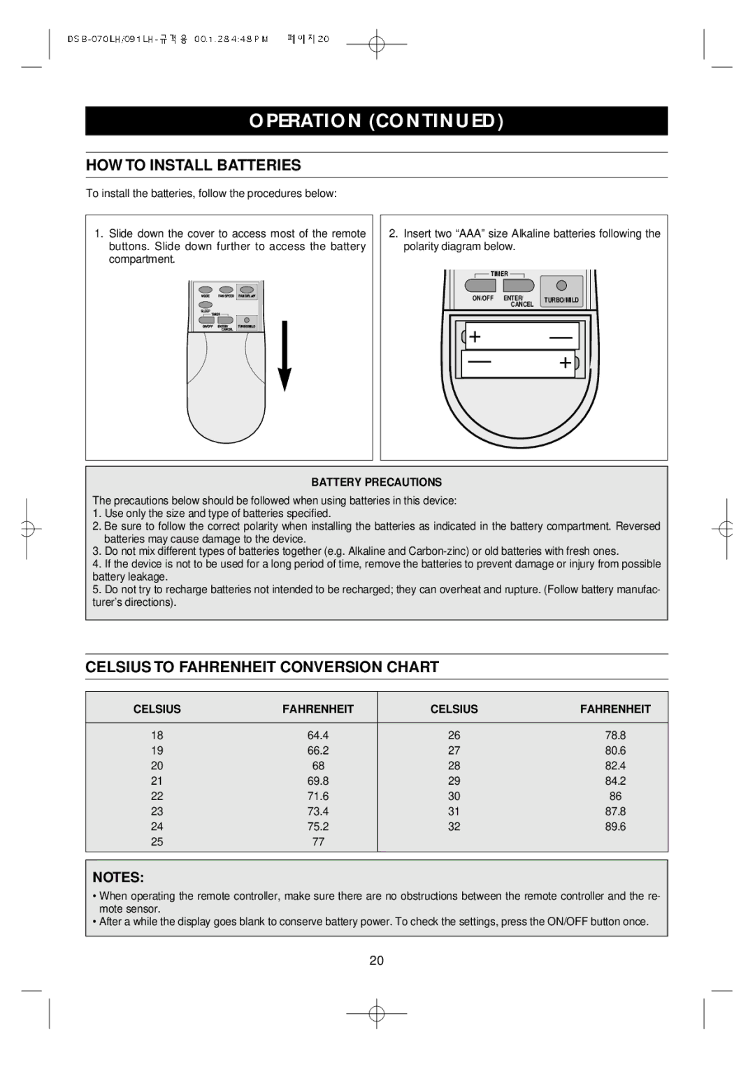 Daewoo Split Airconditioning System, DSB-071LH owner manual HOW to Install Batteries, Celsius to Fahrenheit Conversion Chart 