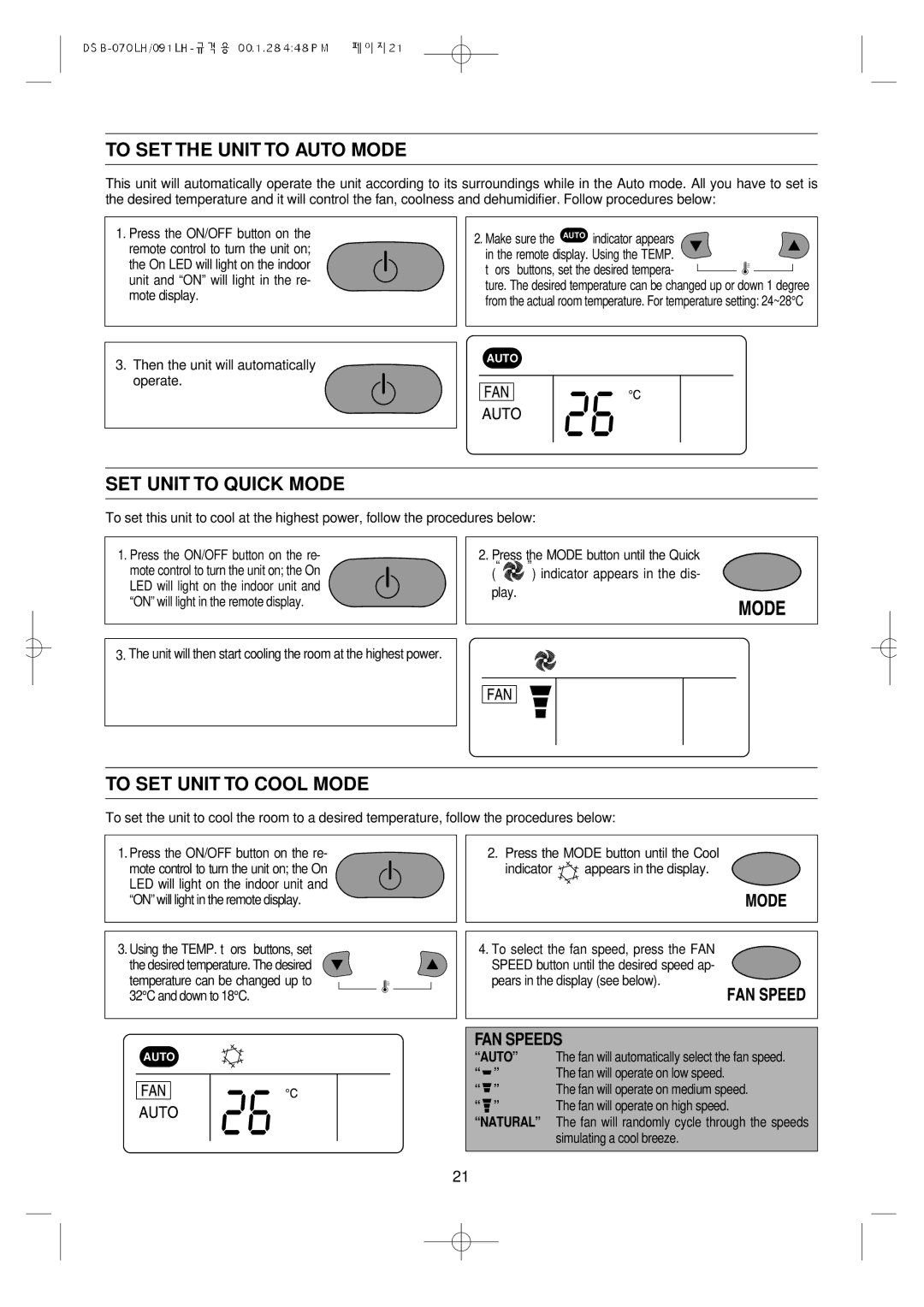 Daewoo DSB-071LH owner manual To SET the Unit to Auto Mode, SET Unit to Quick Mode, To SET Unit to Cool Mode, FAN Speeds 