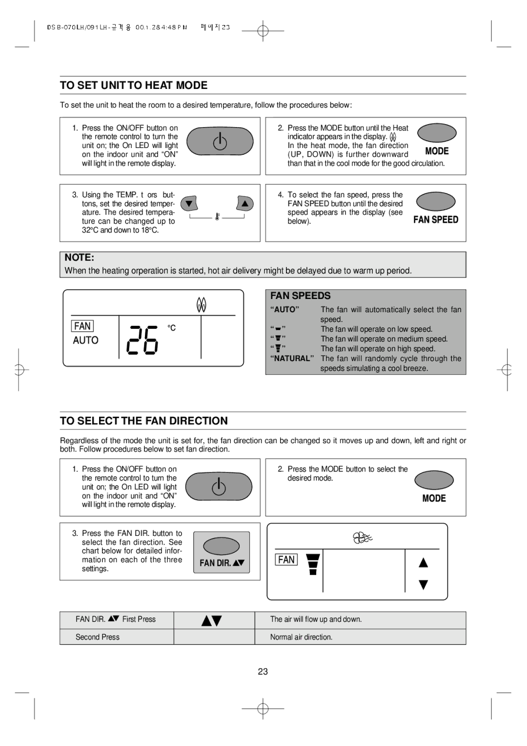 Daewoo DSB-071LH, Split Airconditioning System owner manual To SET Unit to Heat Mode, To Select the FAN Direction 