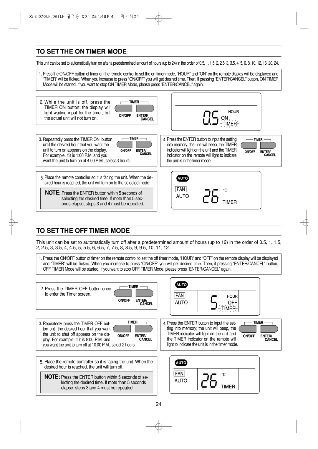 Daewoo Split Airconditioning System, DSB-071LH owner manual To SET the on Timer Mode, To SET the OFF Timer Mode 