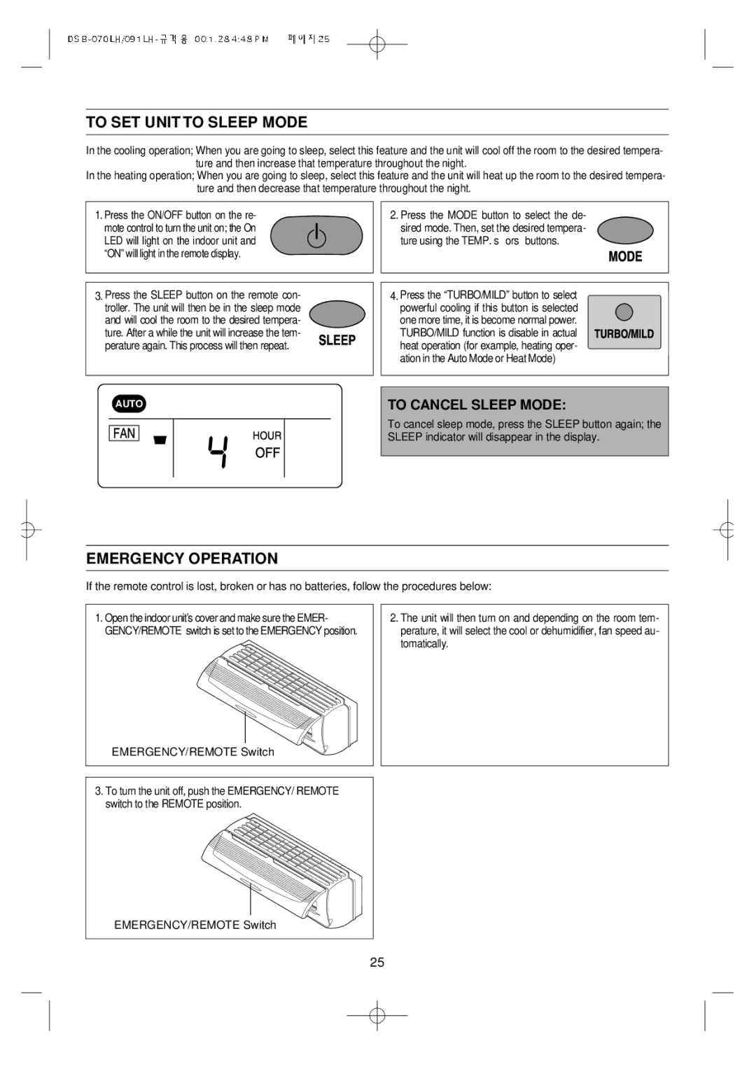 Daewoo DSB-071LH, Split Airconditioning System To SET Unit to Sleep Mode, Emergency Operation, To Cancel Sleep Mode 