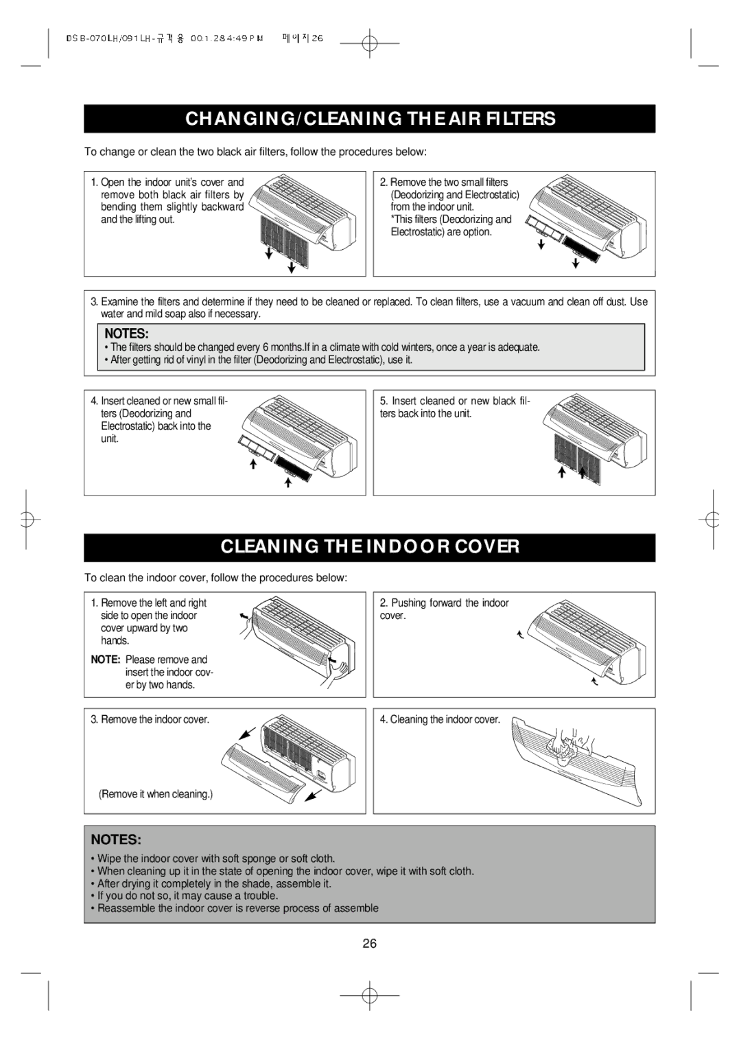 Daewoo Split Airconditioning System, DSB-071LH owner manual CHANGING/CLEANING the AIR Filters, Cleaning the Indoor Cover 