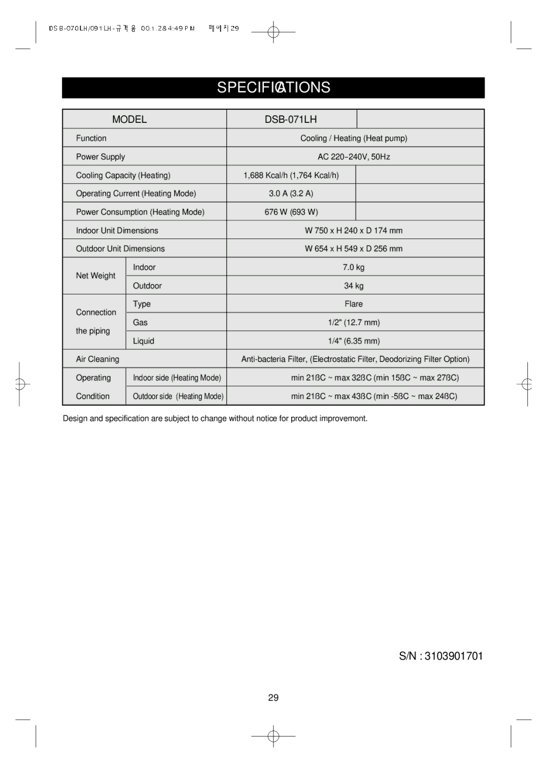 Daewoo DSB-071LH, Split Airconditioning System owner manual Specifications, Model 