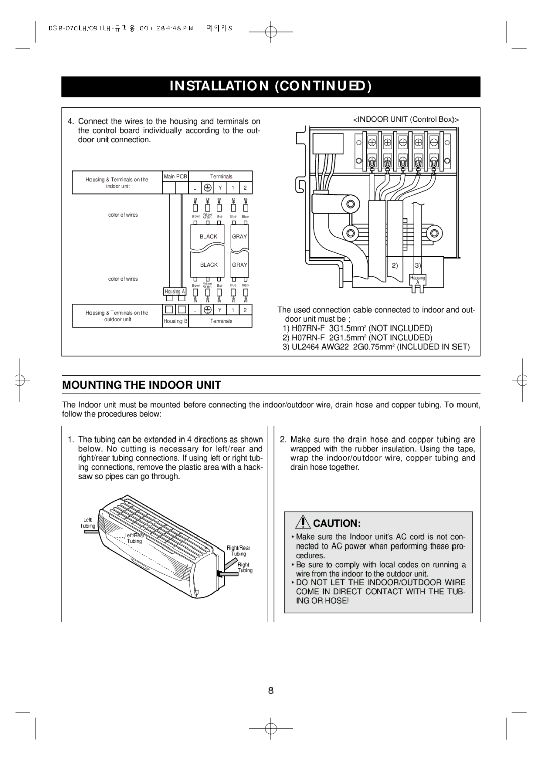 Daewoo Split Airconditioning System, DSB-071LH owner manual Mounting the Indoor Unit 