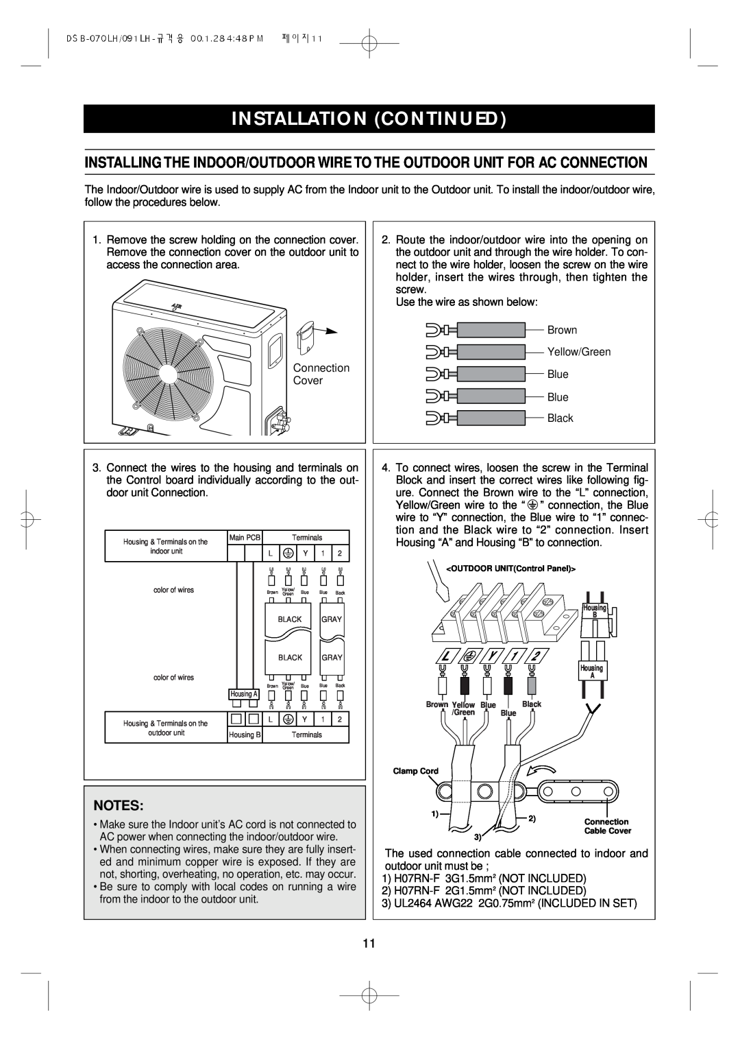 Daewoo DSB-071LH, Split Airconditioning System owner manual Installation Continued, Notes 